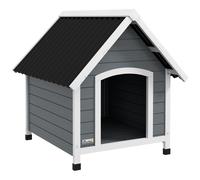 Niche Pour Chien Design Chalet Sur Pied - Toit Double Pente, Plancher Amovible - Plastique Noir Bois Blanc Gris