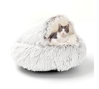 Niche ronde avec capuche pour chat et chaton, lit gigogne pour animal de compagnie, chatons, chiots et petits chiens, lit coupe-vent auto-chauffant (diamètre : 40 cm, café)