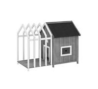 Niche villa pour chien sur pied - terrasse, claustra, auvent, porte, fenêtre, toit bitumé - bois blanc gris