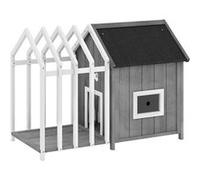 PawHut Niche pour Chien extérieur en Bois, avec terrasse et barrière, Maison Chien extérieur, Porte à lamelles et Toit Pointu en Bitume, pour Jardin, Cours, Veranda, Patio,106 x 62,5 x 80,5 cm, Gris