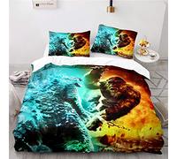 NICHIYOBI Godzilla vs Kong Parure de lit en microfibre avec housse de couette et taie d'oreiller, impression numérique 3D, parure de lit 3 pièces (9, 140 x 210 cm + 80 x 80 cm)