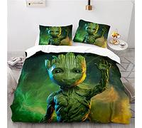 NICHIYOBI Guardians of The Galaxy Groot Parure de lit en microfibre avec housse de couette et taie d'oreiller, impression numérique 3D, parure de lit 3 pièces (15, lit simple 135 x 200 cm)