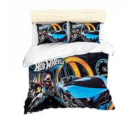 NICHIYOBI Hot Wheels Parure de lit 3 pièces en microfibre avec housse de couette et taie d'oreiller, impression numérique 3D, pour lit simple 135 x 200 cm + 80 x 80 cm)