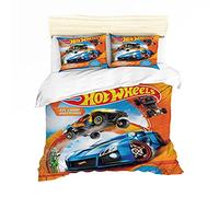 NICHIYOBI Hot Wheels Parure de lit 3 pièces en microfibre avec housse de couette et taie d'oreiller, impression numérique 3D (8, pour lit simple 135 x 200 cm)