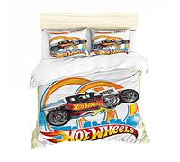NICHIYOBI Hot Wheels Parure de lit 3 pièces en microfibre avec housse de couette et taie d'oreiller, impression numérique 3D, lit simple 135 x 200 cm