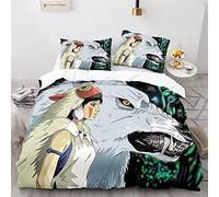 NICHIYOBI Mononoke Hime Parure de lit 3 pièces en microfibre avec housse de couette et taie d'oreiller Impression numérique 3D (11,240 x 220 cm + 80 x 80 cm)