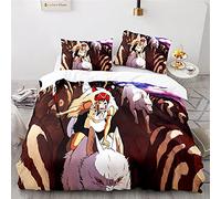 NICHIYOBI Mononoke Hime Parure de lit 3 pièces en microfibre avec housse de couette et taie d'oreiller Impression numérique 3D (18,135 x 200 cm + 80 x 80 cm)