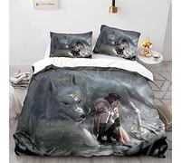 NICHIYOBI Mononoke Hime Parure de lit, housse de couette et taie d'oreiller, en microfibre, impression numérique 3D, parure de lit en trois pièces (10, 260 x 220 cm + 80 x 80 cm x 2)