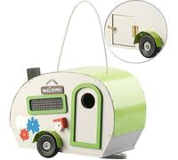 Nichoir à oiseaux - Design caravane - Bois et métal - Ouverture Ø 30 mm - Nettoyage facile - Décor floral