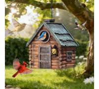 Nichoir à oiseaux en résine aspect bois véritable pour l'extérieur, imperméable et durable à suspendre avec chaîne, entrée de 3,8 cm pour merles bleus, pinsons, cardinaux, décoration de jardin
