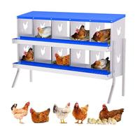 Nichoir galvanisé pour poulet avec pieds de support, 10 compartiments, collection d'œufs, ventilé, plateau amovible, facile à installer pour poulailler, 136 x 43 x 89,5 cm, bleu
