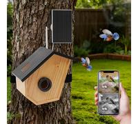 Nichoir intelligent avec détection d'oiseaux IA, pin et acrylique, alimentation solaire, IP65, caméra HD avec vision nocturne, 27 x 15 x 31 cm, style naturel