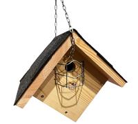 Nichoir pour mésanges bleues et mésanges charbonnières de type A et oiseaux similaires avec toit goudronné et grille de protection anti-rayures - Boîte à mésanges à suspendre (bois naturel, M 28)
