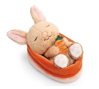 NICI Doudou lapin peluche – endormi dans panier – avec carotte – 12 cm – marron