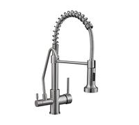 Nickel Printemps Pull Down Cuisine Robinet Dual Splouts 360 Pivot Swivel Douche de poche Mélangeur Grue Chaud froid 2 Sortie Taps à ressort(Nickel)