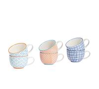 Nicola Spring Lot de 6 Tasses à Cappuccino - 250 ML - 3 Tasses à thé colorées imprimées à la Main, Tasses à café, Cappuccino, latté, soucoupes à thé, Assiettes pour Petit déjeuner, déjeuner, Brunch