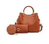 NICOLE & DORIS Ensemble de 3 Sacs à Main Femme Mode en Cuir PU - Fourre-Tout, Portefeuille et Bandoulière Crocodile pour Shopping, Travail, Voyage - Marron