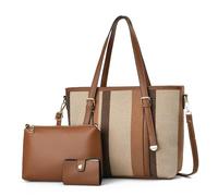 NICOLE & DORIS Ensemble Sac à Main Sac Fourre Tout Rayé Grand Sac Bandoulière Cabas Sac D'épaule Cuir PU 3 Pièces Sac avec Portefeuille pour Travail Shopping Voyage Marron