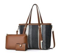NICOLE & DORIS Ensemble Sac à Main Sac Fourre Tout Rayé Grand Sac Bandoulière Cabas Sac D'épaule Cuir PU 3 Pièces Sac avec Portefeuille pour Travail Shopping Voyage Noir