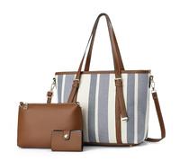 NICOLE & DORIS Ensemble Sac à Main Sac Fourre Tout Rayé Grand Sac Bandoulière Cabas Sac D'épaule Cuir PU 3 Pièces Sac avec Portefeuille pour Travail Shopping Voyage Bleu