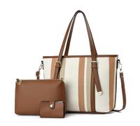 NICOLE & DORIS Ensemble Sac à Main Sac Fourre Tout Rayé Grand Sac Bandoulière Cabas Sac D'épaule Cuir PU 3 Pièces Sac avec Portefeuille pour Travail Shopping Voyage Kaki