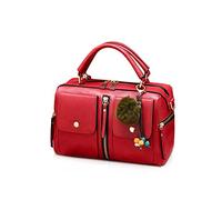 NICOLE & DORIS Femmes Sacs À Main Pompon Sac Style De Mode Zipper Sac À Bandoulière Dames Fourre-Tout Sac Cabas Porté Epaule Bandoulière PU Style Cuir Petit Sac Carré Rouge