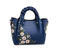 NICOLE & DORIS Sac à Main Brodé Sac Décontracté pour Femmes Sac portés Main Sac Fourre-Tout en Simili Cuir Sac à Bandoulière avec Poignées Tressées Bleu marin