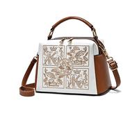 NICOLE & DORIS Sac a Main Carré Femme Petit Sac Bandouliere PU Cuir Sac Epaule Brodé Sac Messenger Fille Sac Besace Multipoches Pochette Blanc avec Marron