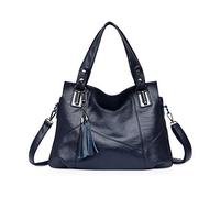 NICOLE & DORIS Sac à main en cuir synthétique souple pour femme, sac besace à longue bandoulière, sac fourre-tout pour femme, grand sac à bandoulière avec pompon, bleu, L, Rétro