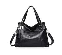 NICOLE & DORIS Sac à main en cuir synthétique souple pour femme, sac besace à longue bandoulière, sac fourre-tout pour femme, grand sac à bandoulière avec pompon, Noir , L, Fourre-tout