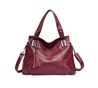 NICOLE & DORIS Sac à main en cuir synthétique souple pour femme, sac besace à longue bandoulière, sac fourre-tout pour femme, grand sac à bandoulière avec pompon, Rouge, L, Fourre-tout