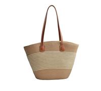 NICOLE & DORIS Sac à Main en Paille Sac de Plage Paille Sac Cabas Femme Sac Fourre Tout Été Sac a Main Panier Sac D'épaule en Tricot pour Voyage Vacances Beige Stripes