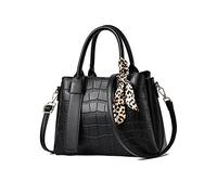 NICOLE & DORIS Sac a Main Femme en Cuir Sac Portés Main Pochette Sac Epaule Rétro Sac Fourre Tout Avec Ruban Léopard Sac Bandouliere Mode Noir