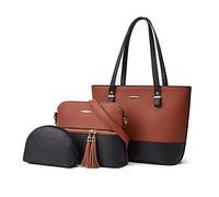 NICOLE & DORIS Sac a Main Femme Grand Mode Sac Epaule Multicolore Shopping Bag PU Cuir Fourre-Tout Sacs Décontractée Sac Cabas 3 Pièces Marron avec du Noir