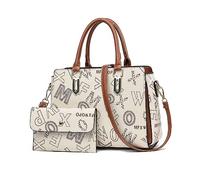 NICOLE & DORIS Sac Bandoulière Femme avec Imprimé Sac à Main et Portefeuille Sac D'épaule Cuir PU Sac Fourre-Tout Elégant Sac Travail Beige avec Marron