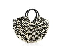 NICOLE & DORIS Sac de Plage Femme Sac à Main Ete Sac Cabas Coloré Sac de Paille Sac Rond en Rotin Sac Pochette Tissé pour Le Voyage, La Date et Les Vacances Noir et Blanc