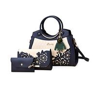 NICOLE & DORIS Sac Porté Main de 3 Pièces Sacs à Main pour Femmes+Portefeuille en Main+Porte Cartes Utilitaires Sac Cabas Sac à Bandoulière avec Pendentif Bleu Marin