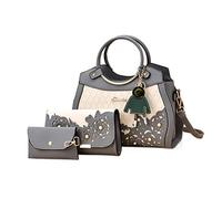 NICOLE & DORIS Sac Porté Main de 3 Pièces Sacs à Main pour Femmes+Portefeuille en Main+Porte Cartes Utilitaires Sac Cabas Sac à Bandoulière avec Pendentif Gris foncé