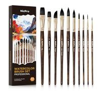 Nicpro 10 pinceaux Aquarelle, pinceaux Peinture en Poils d'écureuil synthétiques, Plats, Poignard, Doublure, Rond, Langue de Chat, Pinceau idéal pour quarelle, Gouache, Peinture à l'encre