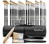 Nicpro 30 pièces pinceaux Peinture Professionnels avec spatule et Rouleau en Tissu, pinceaux pour Peinture Acrylique, Huile, Aquarelle, Gouache, Pinceau pour Artistes et débutants