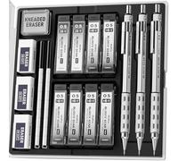 Nicpro Blocky Gear Lot de 3 porte-mines de 0,5 mm dans un étui, crayons métalliques avec 8 recharges de mine (HB et 2B), gommes et gomme pétrie pour art professionnel et adulte