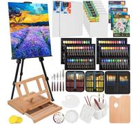 Nicpro Grand kit de peinture de luxe 158 pièces avec chevalet en métal et bois de hêtre massif, acrylique, peinture à l'huile et aquarelle, pinceaux, toiles, palette, bloc de papier, ensemble d'art
