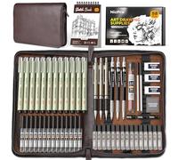 Nicpro Kit de 58 fournitures de dessin artistique dans un étui en cuir, porte mines d'art avec 6 criterium en métal de 0,5, 0,7, 0,9 et 2 mm, stylo 12 microns, carnet de croquis, 30 recharges de mine