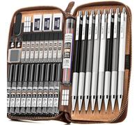 Nicpro Lot de 38 porte-mines artistiques dans un étui en cuir, 3 crayons à dessin en métal 0,5, 0,7, 0,9 mm et 5 porte-mines de 2 mm (couleurs 6B, 4B, 2B, HB, 2H, 4H) pour croquis et dessin avec 20