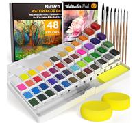 Nicpro Lot de 48 couleurs aquarelles,Couleurs vives avec 25 feuilles de papier aquarelle A5, 2 pinceaux à eau, 8 pinceaux et palette, peinture à la gouche, avec coffret cadeau