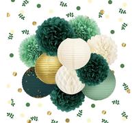Nicrolandee - Décorations de fête de mariage - Lot de 12 pompons verts à suspendre en papier doré à pois + 30 g de confettis pour décoration de fête prénuptiale, anniversaire, fête prénatale