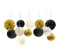 Nicrolandee - Décorations de fête noires et dorées pour remise de diplômes - Lot de 12 pompons en papier de soie à suspendre en forme de lanterne pour décoration de fond pour le nouvel an 2025