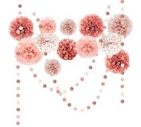 NICROLANDEE Décorations de mariage or rose - Lot de 15 pompons en papier de soie pour fête de fiançailles, mariage, anniversaire, enterrement de vie de jeune fille, guirlande en papier à pois or rose,