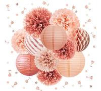 NICROLANDEE Lot de 12 décorations de fête en or rose, lanternes fleurs pompons avec confettis pailletés pour anniversaire, Bachelorette, mariage, fiançailles, fête prénatale, accessoires de décoration