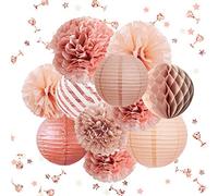 NICROLANDEE Lot de 12 décorations de fête en or rose - Pompons en papier - Lanternes à paillettes - Confettis - Pour la Saint- un mariage, une fête prénatale, un enterrement de vie de jeune fille